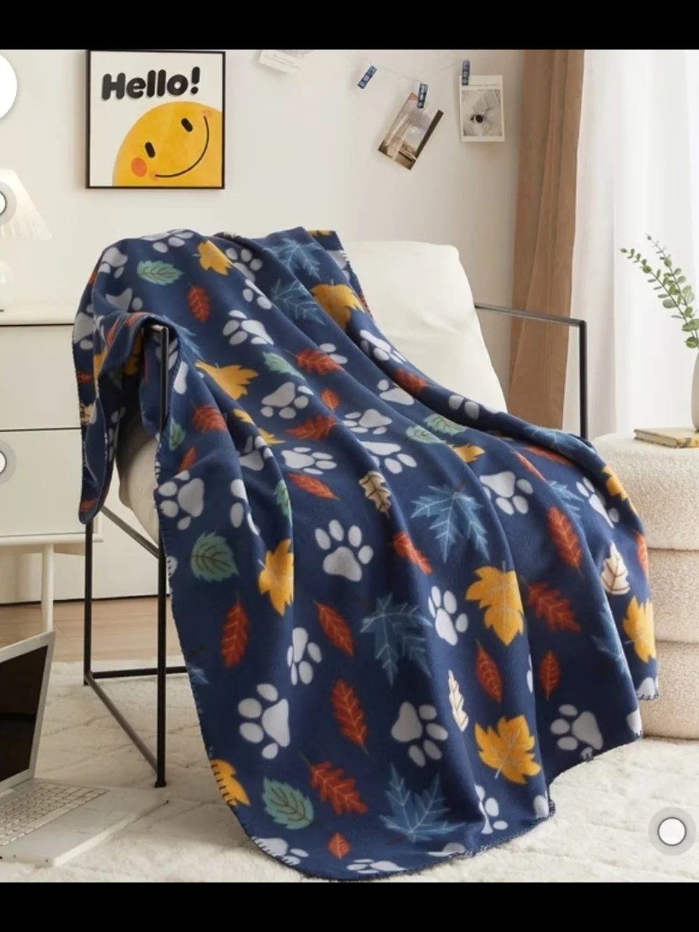 Mainstays Navy Plush Blanket with Multicolor Paw & Leaf Print